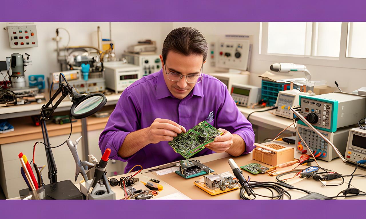 Técnico revisando una placa electrónica en el taller de reparación de Cuevas del Almanzora