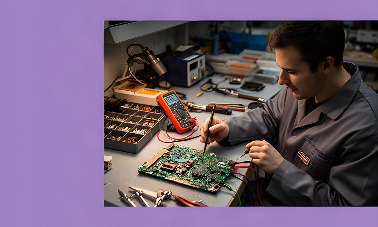 Técnico revisando una placa electrónica y herramientas de diagnóstico en un taller de Cuevas del Almanzora